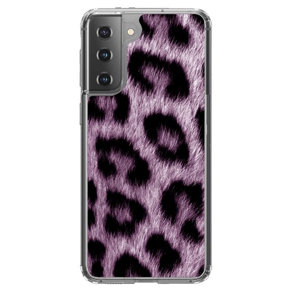 DistinctInk Clear Shockproof Hybrid Case for Galaxy S21  PLUS 5G (6.7" Screen) - TPU Bumper, Acrylic Back, Tempered Glass Screen Protector - Purple Black Leopard Fur Skin Print