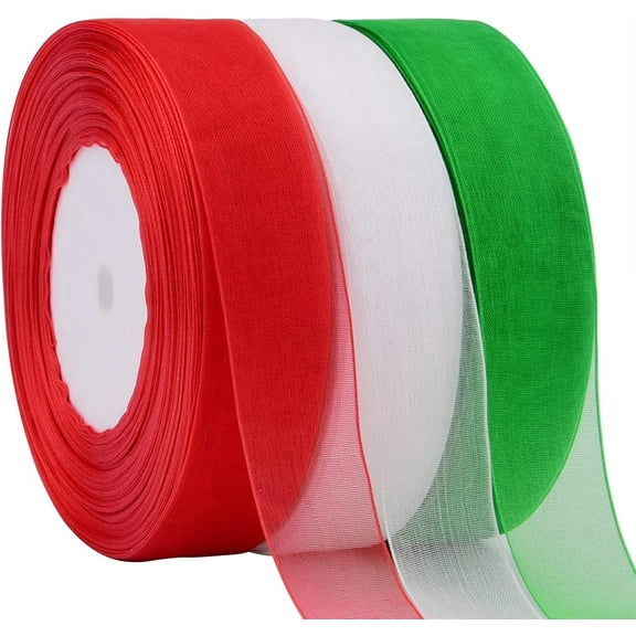 3 Rolls Sheer Chiffon Ribbons Tutuviw Christmas Organza Ribbon Christmas Ribbons 1" W Xmas Holiday Chiffon Ribbons for Gift Wrapping Festival Decoration(49 Yards/Each Roll, Red/ White/ Green)