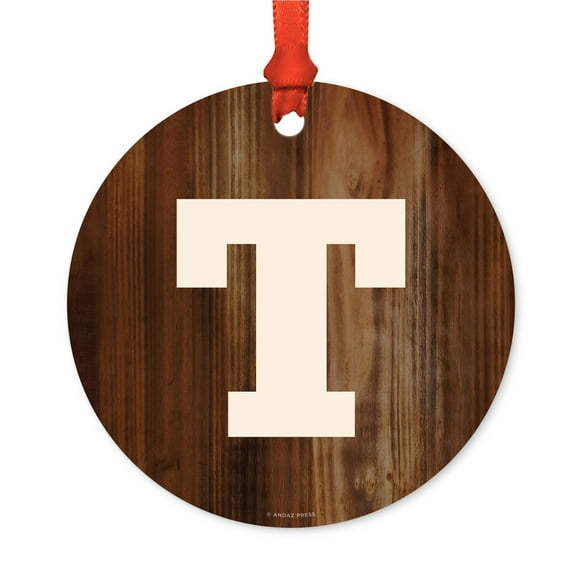 Metal Christmas Ornament, Monogram Letter T, Rustic Wood, Includes Ribbon and Gift Bag