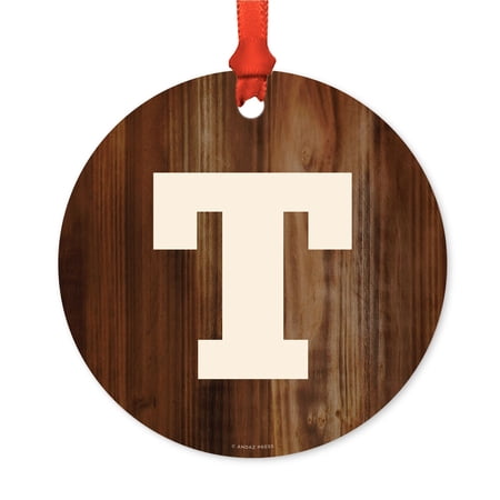 Metal Christmas Ornament Monogram Letter T Rustic Wood Includes Ribbon and Gift Bag