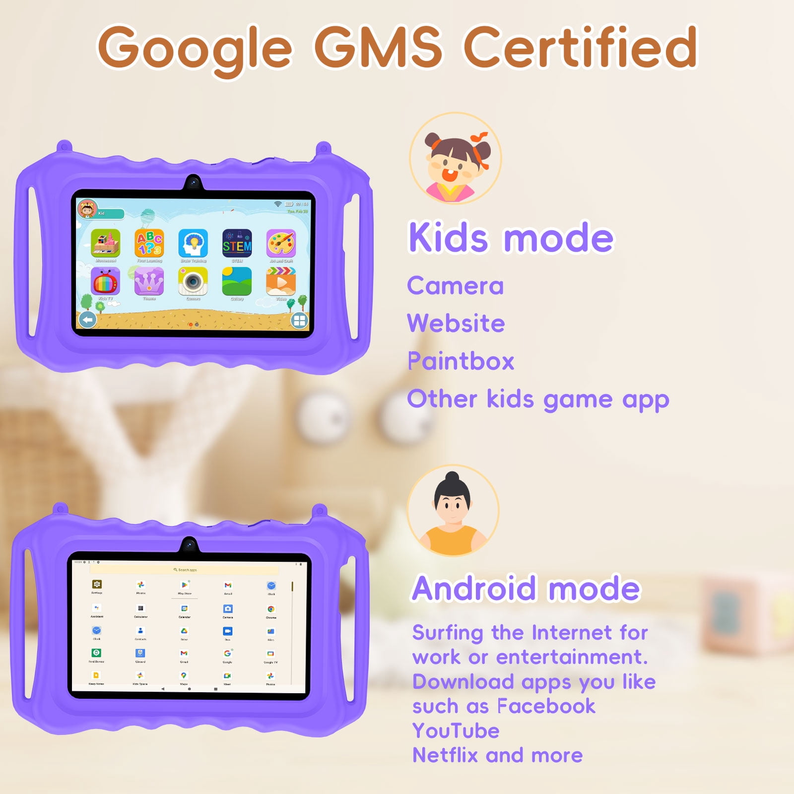 Kids Tablet, 7 inch Android 11 Tablet for Kids, 6(2+4) GB RAM 32GB ROM, Toddler Tablet with Bluetooth, GPS,WiFi,Parental Control, Dual Camera,Shockproof Case,Kids App Pre-Installed