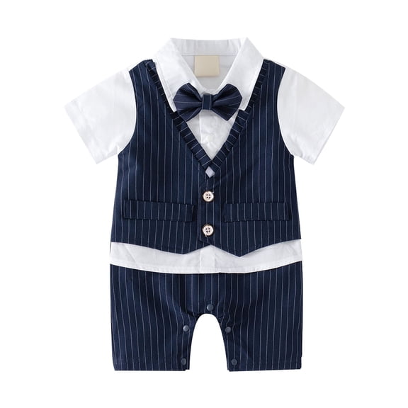 Karoyedx Baby Wedding Outfit Boy Baby Boy Short Sleeve Gentleman Shirt Waistcoat Bowtie Tuxedo Onesie Jumpsuit Overall Romper Navy Size,6-9 Months