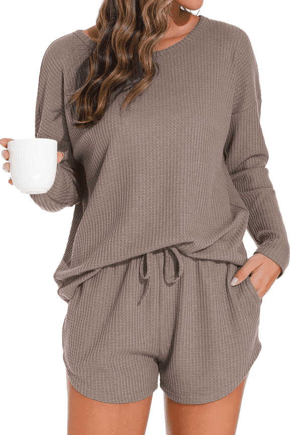 Pajamas Sets for Women Waffle Knit Lounge Sets Long Sleeve Top and Shorts Outfits Loungewear with Pockets