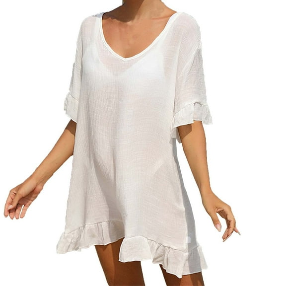 WXLWZYWL Summer Dress Women'S Solid Short Sleeve V-Neck Beach Bikini Cover Up Lace Up Dress White