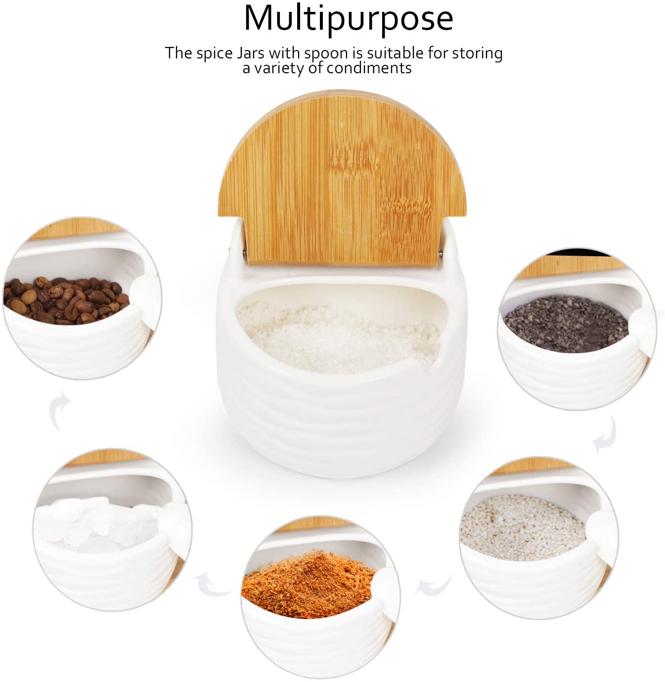 NEX White Ceramic Sugar Bowls, Set of 3 with Bamboo Lids and Spoon
