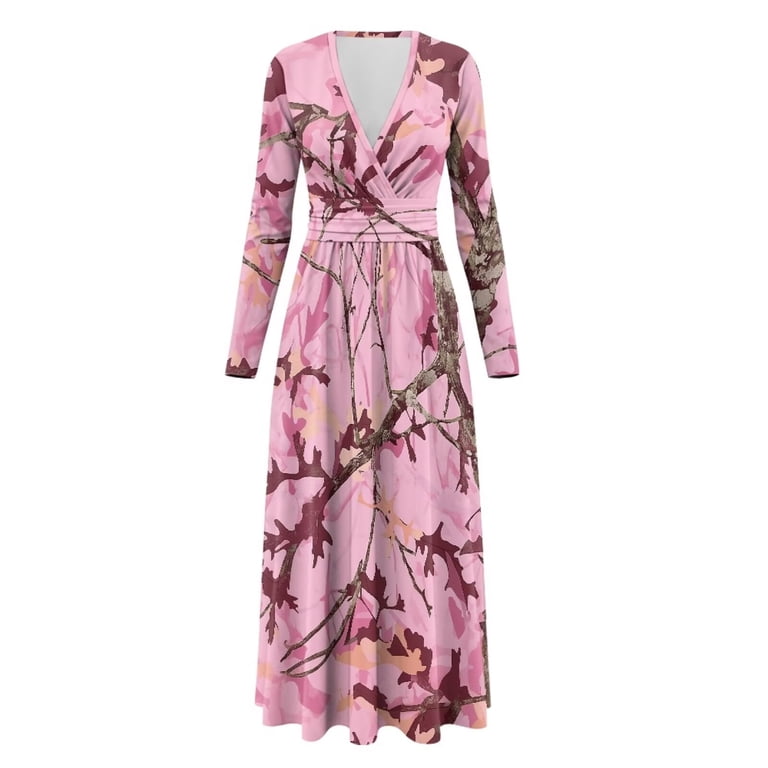 Fkelyi Camo Pink Forest Print Fall Maxi Dress for Women Long Sleeve V Neck Wedding Guest Dresses Flowy A-Line Elegant Dress with Pockets, XL