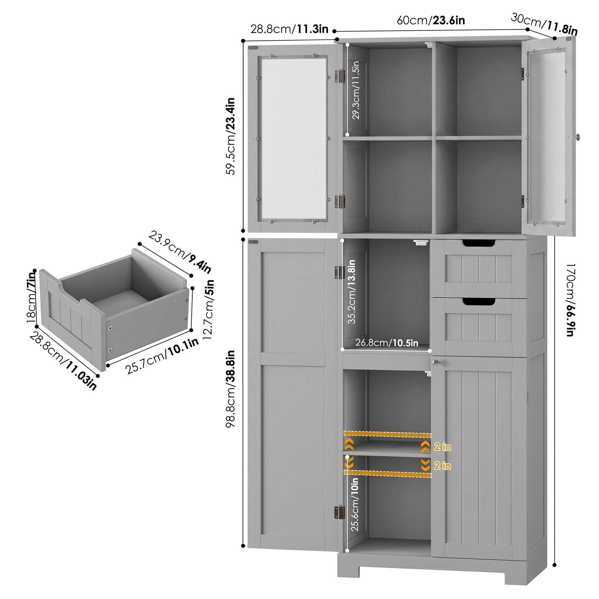 Homfa Kitchen Pantry Storage Cabinet, 67" Pantry Cabinet with Doors and Removable Drawers, Freestanding Cupboard for Dining Room, Gray