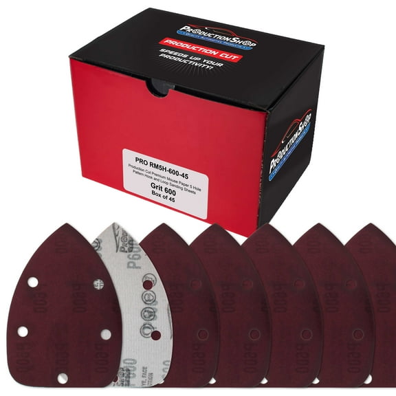 ProductionShop Premium 600 Grit 5-Hole Pattern Mouse Detail Sander Sandpaper Sheets, Box of 45 - Dustless Hook & Loop Triangle Shaped Mouse Disc Pads - Woodworking Tool Sand Wood Furniture Auto Paint