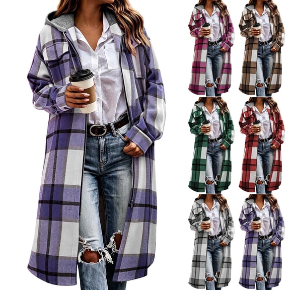 Zip Up Plaid Jacket for Women,Long Sleeve Hooded Open Front Casual Shacket Coat with Chest Pockets,Cool Fall and Early Winter Days