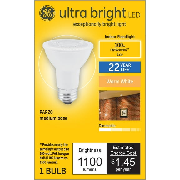 GE Ultra Bright LED Floodlight Bulb, Indoor, Warm White, 12 Watt (100 Watt Equivalent) Medium Base, Dimmable (1 Pack)