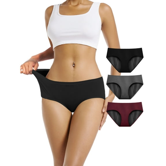 TIICHOO Period Underwear for Women Silky Soft Absorbent Hipster Panties Teen Menstrual Underwear 3 Pack (Large, Black/Burgundy/Charcoal Gray)