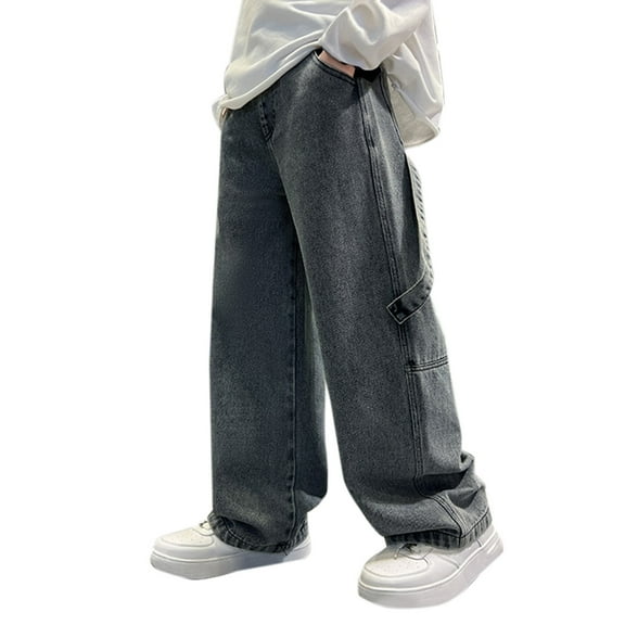 Otqutp Boys Baggy Denim Pants Pull On Elastic Waist Wide Leg Jeans Vintage Loose Jeans with Pockets Hip Hop Streetwear