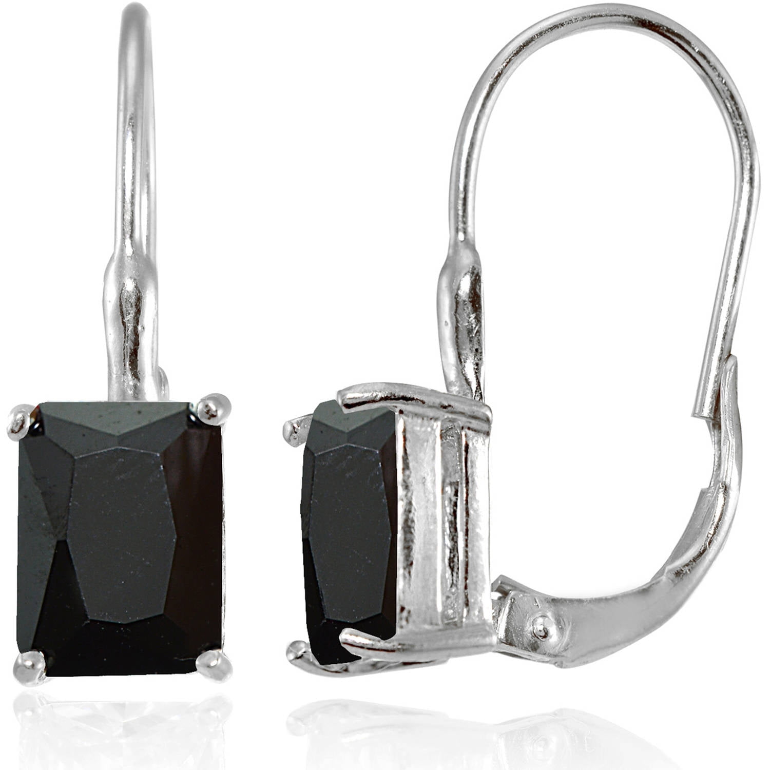 Black CZ Sterling Silver EmeraldCut Leverback Earrings