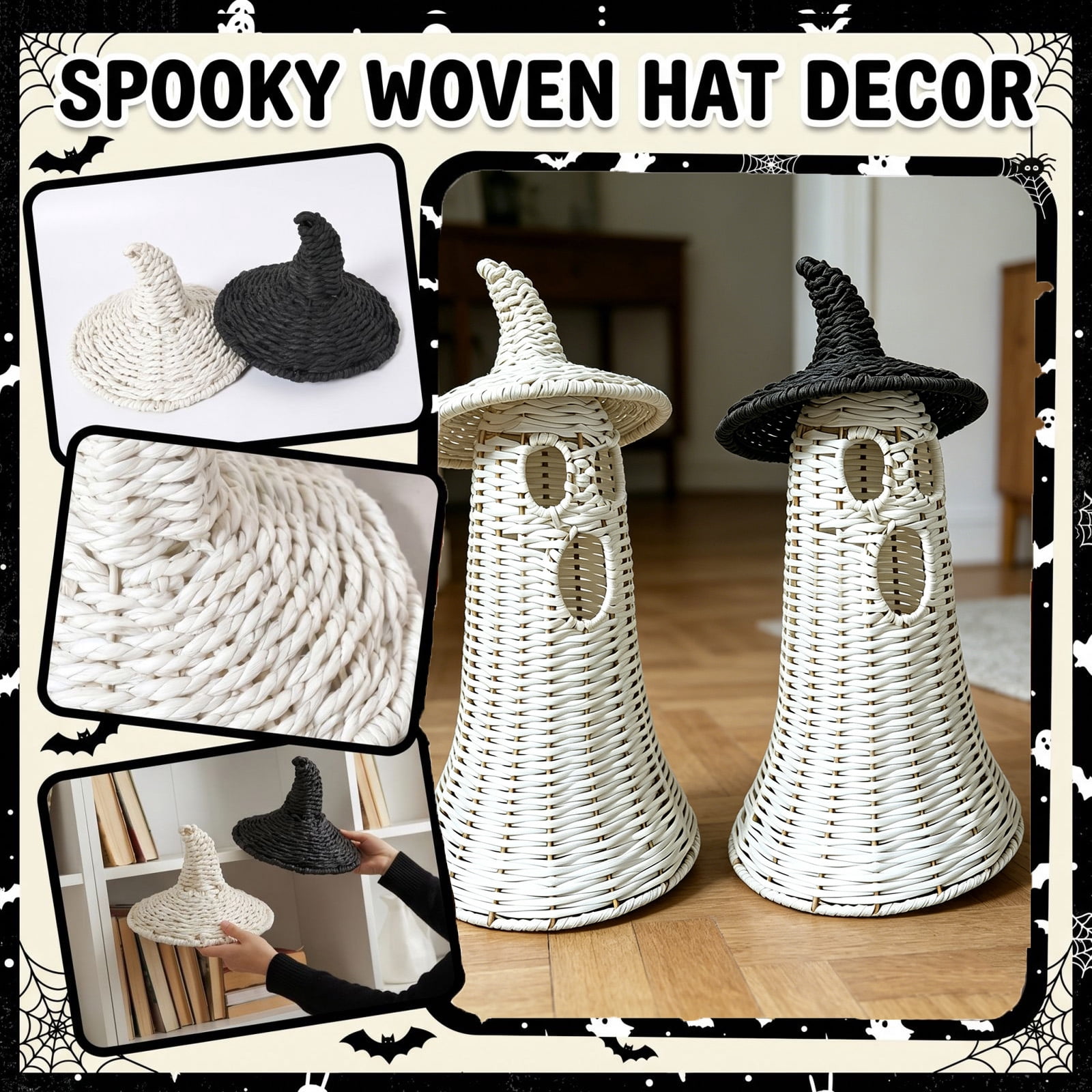 Halloween Rattan Witch Hat Decor, Wicker Wizard Hats Woven Witch Hat for Indoor Outdoor Halloween Party Supplies Home Bedroom Garden Patio Backyard Halloween Decorations, 4x6 Inch, Black