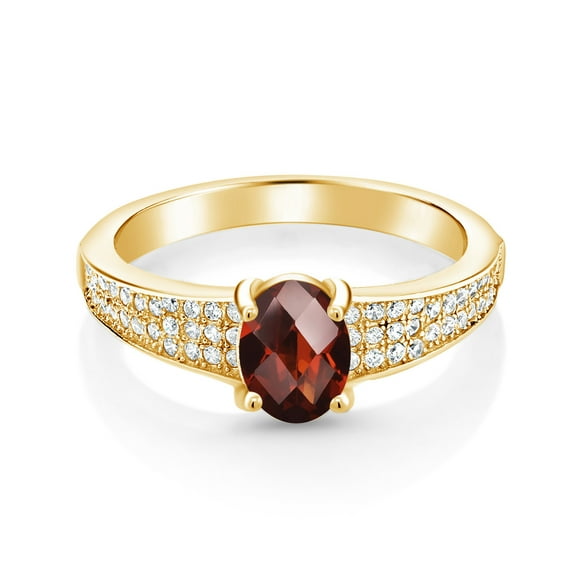 Gem Stone King 18K Yellow Gold Plated Silver Red Garnet Engagement Ring for Women (2.01 Cttw, Oval Checkerboard 8X6MM, Gemstone January Birthstone, Size 6)
