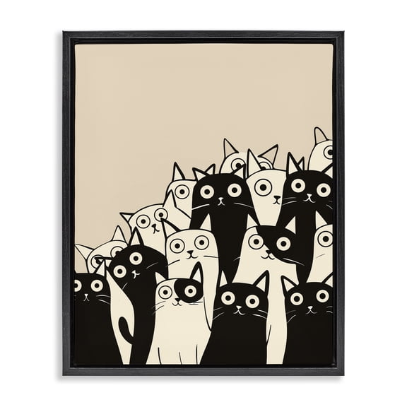 Stupell Industries Fun Modern Black & White Cats Animals Painting Black Floater Framed Canvas Art Print Wall Art, 17 x 21