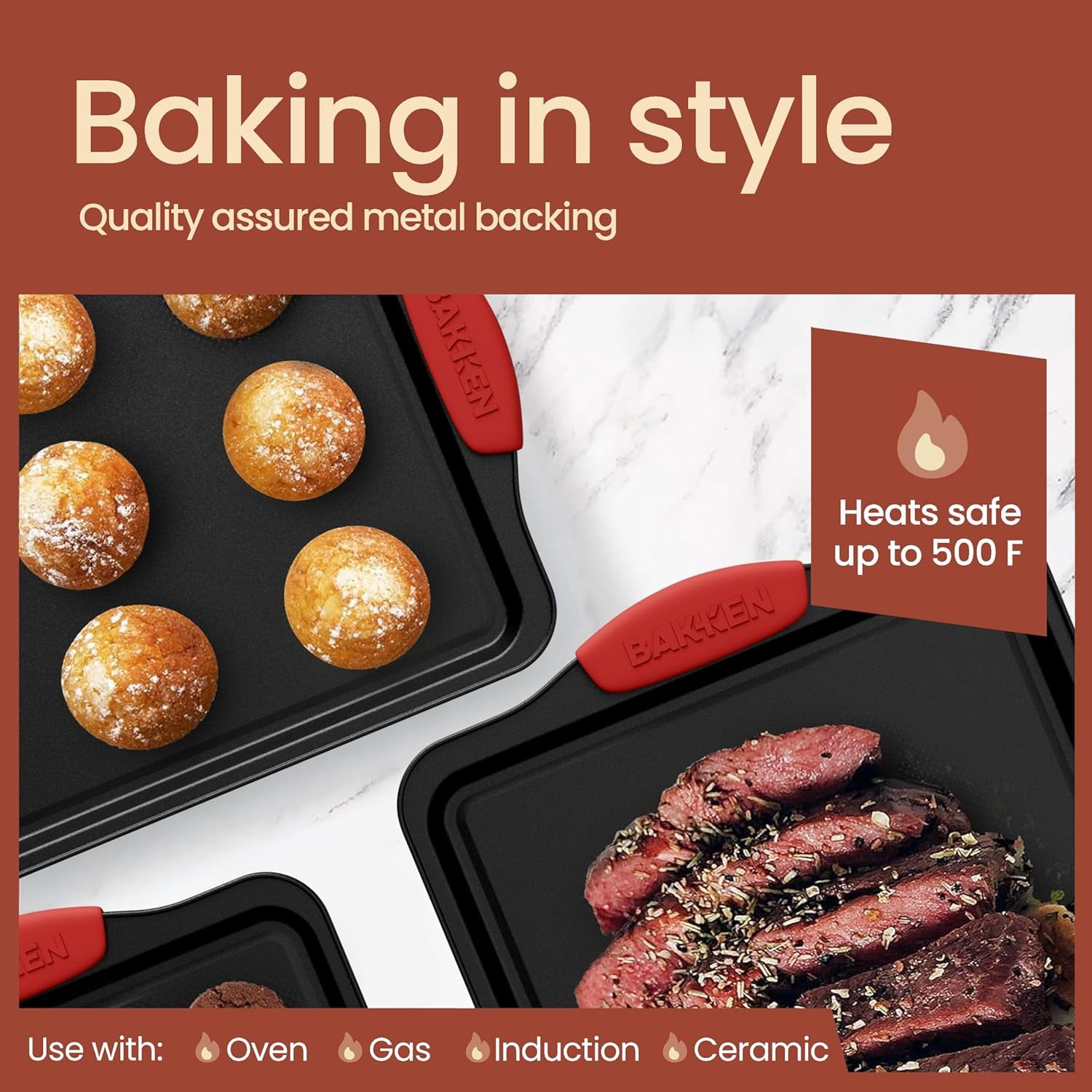 Bakken- Swiss Baking Set – 10 Piece Kitchen Oven Bakeware Set – Deluxe Non-Stick Blue Coating Inside and Outside – Carbon Steel – Red Silicone Handles