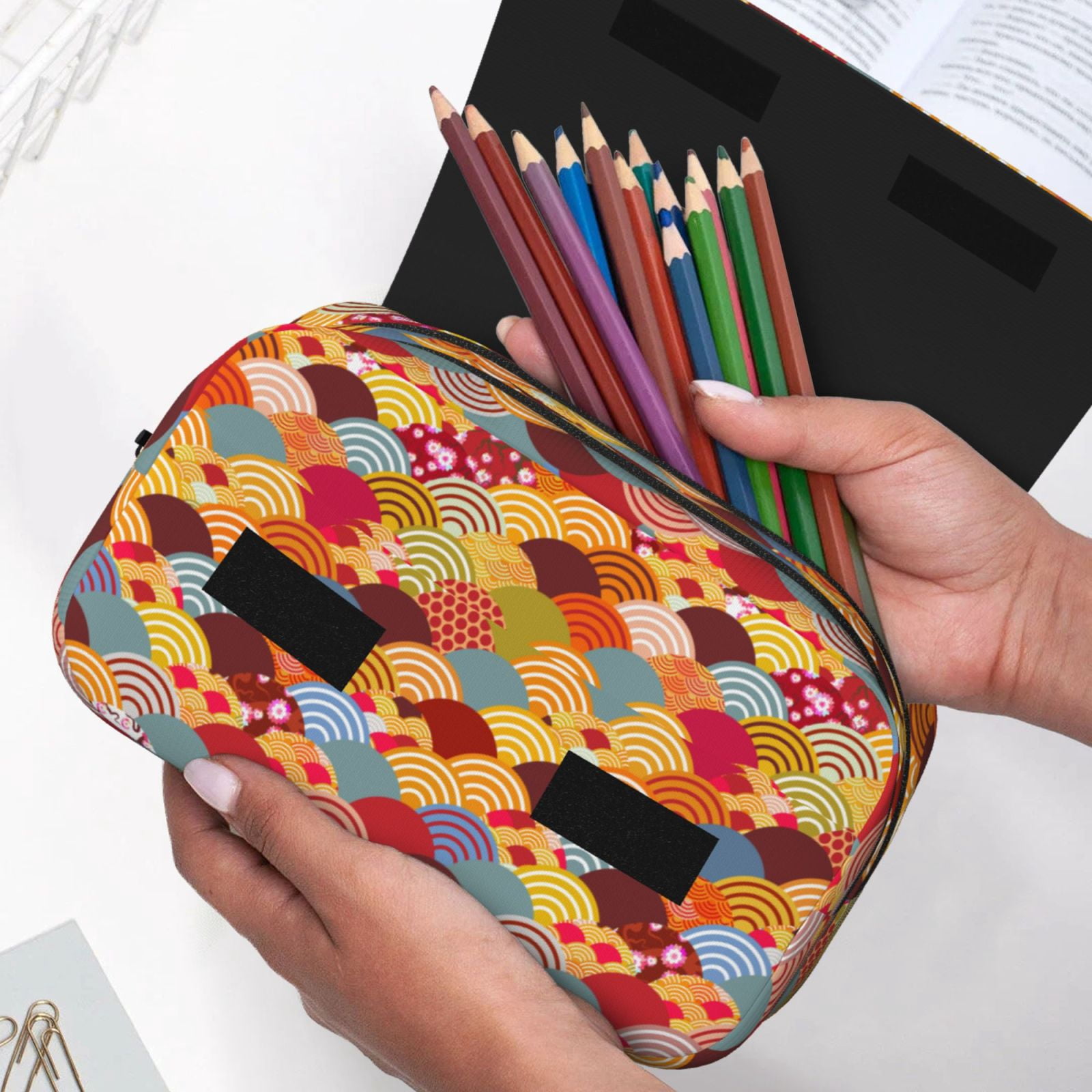 Rateoe Japanese Style Fish Scales Pattern Double Clamshell Pen Case, Storage Organizer with Two Zipper Compartments– Holds Up to 50 Pencils & Pens