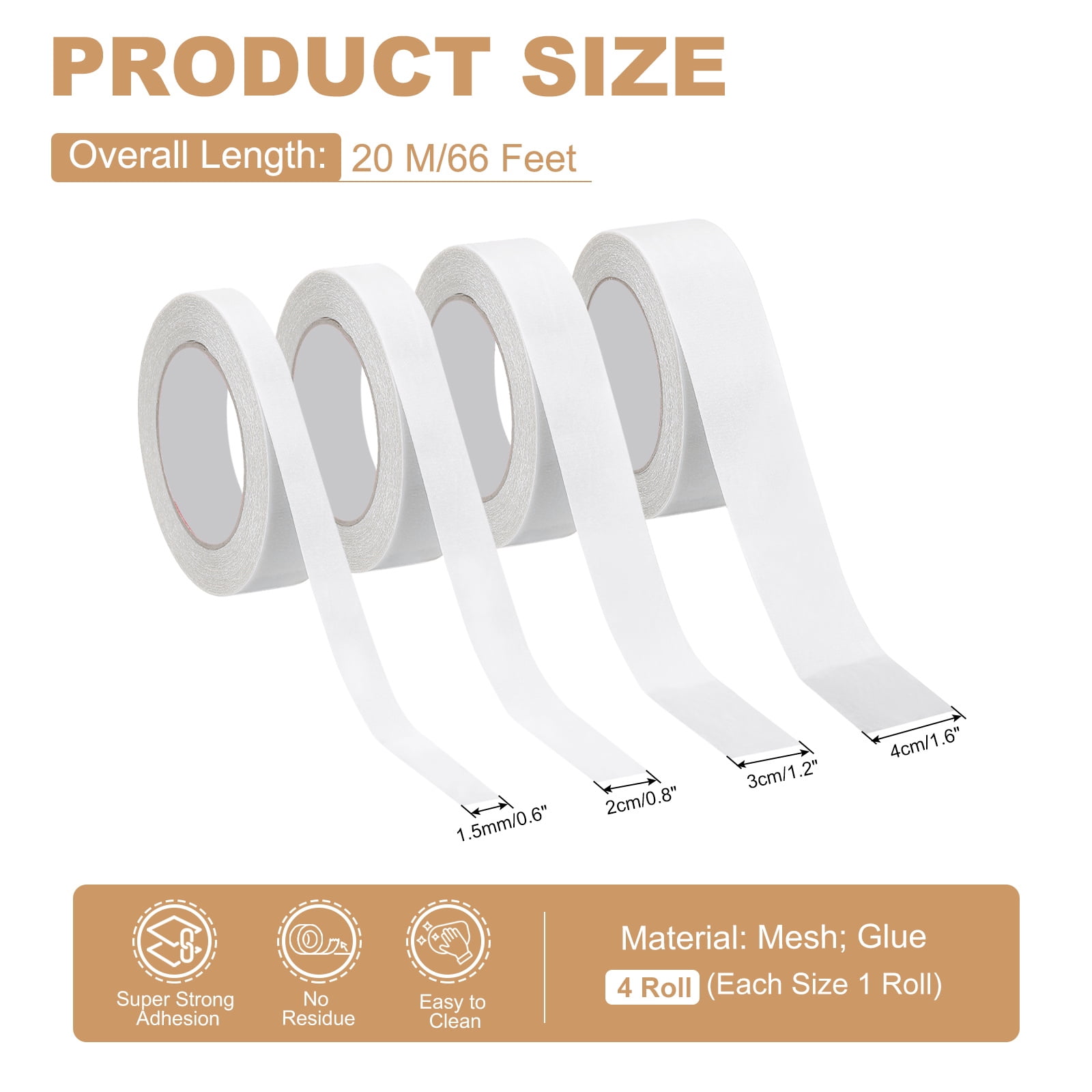 Uxcell Fabric Tape, 4 Roll Carpet Tape Mesh Tape, 66 Feet x 0.6/0.8/1.2/1.6", White