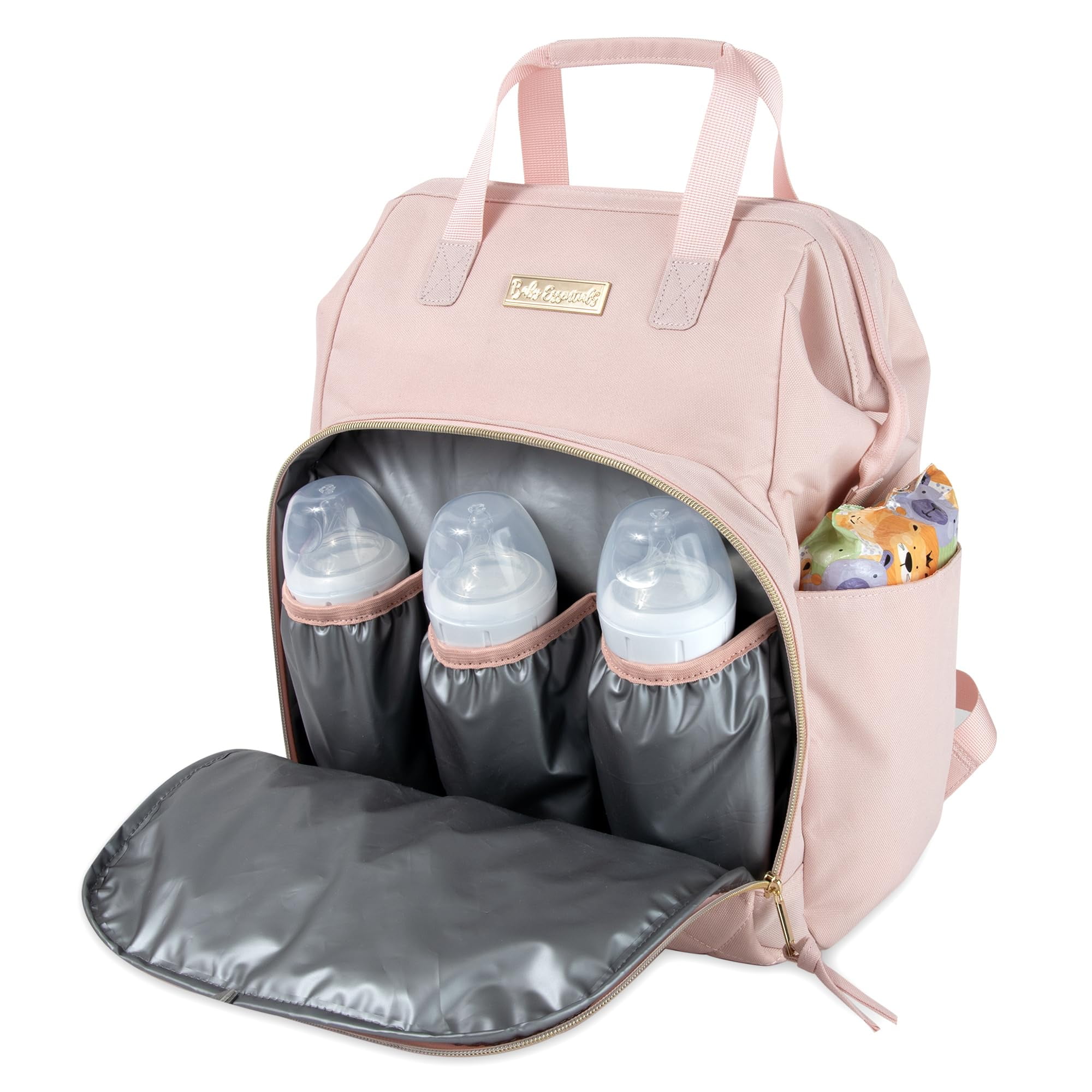 Baby Essentials Super Cooler Main Frame Dual Zipper Closure Diaper Bag Backpack Tote with Matching 6-Ply Changing Pad, Insulated Bottle Pockets and Stroller Straps in Mauve Pink