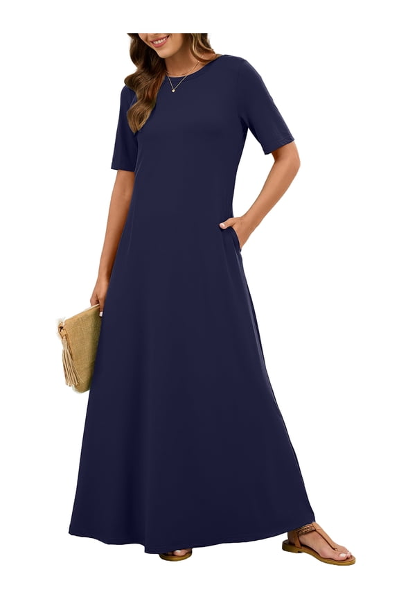 Women's Summer Short Sleeve Maxi Dress with Pockets - Soft Casual Loose Long Boho Sundress for Beach & Vacation, Navy Blue Size L