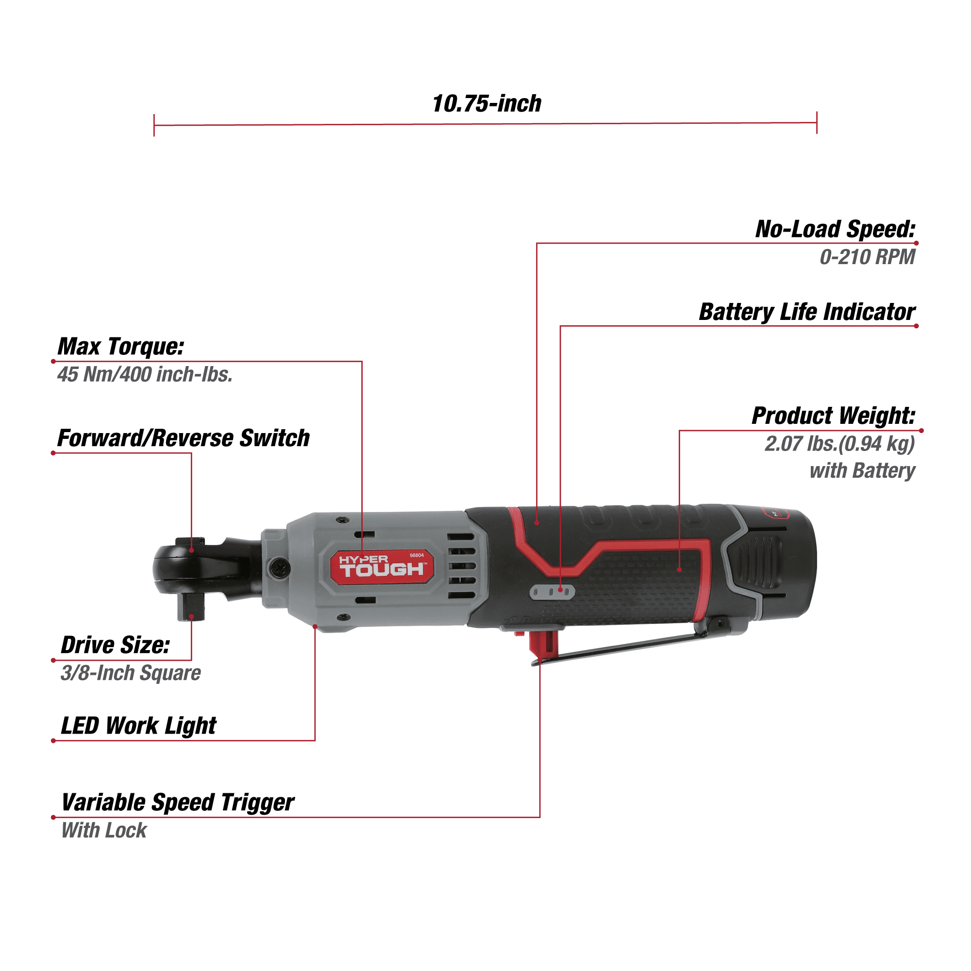 Hyper Tough 12V Max* Lithium-Ion Cordless 3/8-inch Ratchet with 1.5Ah Battery and Charger, 98804, New