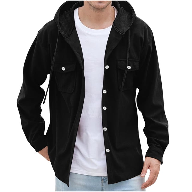 Plebaso Mens Hooded Corduroy Shirts Button down Jacket Casual Long Sleeve Drawstring Outwear with Pockets