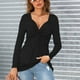 thumbnail image 3 of Blusa Anudada Delantera Camisa Mujer Cuello En V Manga Larga Camiseta Casual Color Sólido Jersey Tops Negro M, 3 of 6