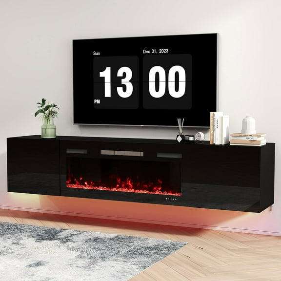 JINSEED 70" Fireplace TV Stand with 36" Electric Fireplace Up to 80" TVs, Modern Wood Media TV Console, Black