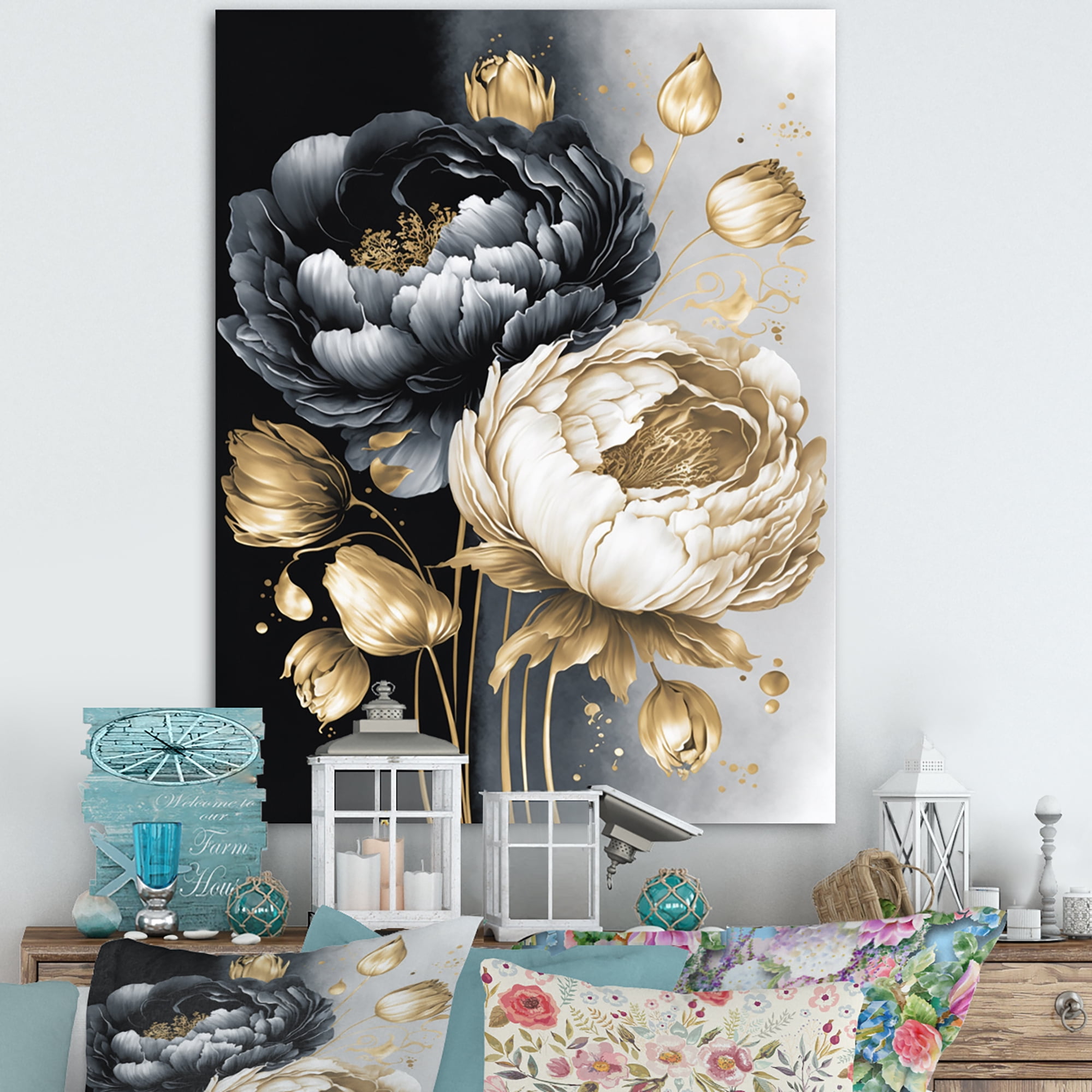 Designart Black And White Watercolor Roses IV Canvas Wall Art