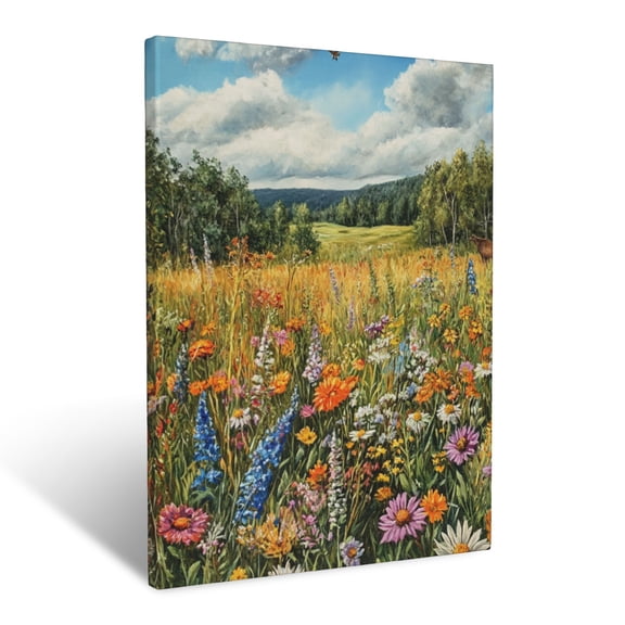 CozyNet Panoramic Meadow Scene With Colorful Wildflowers And Roaming Wildlife Wall Art Prints With Frame Canvas Perfect for Living Room & Bedroom, Ready to Hang, Wall Decor 12"x16"in