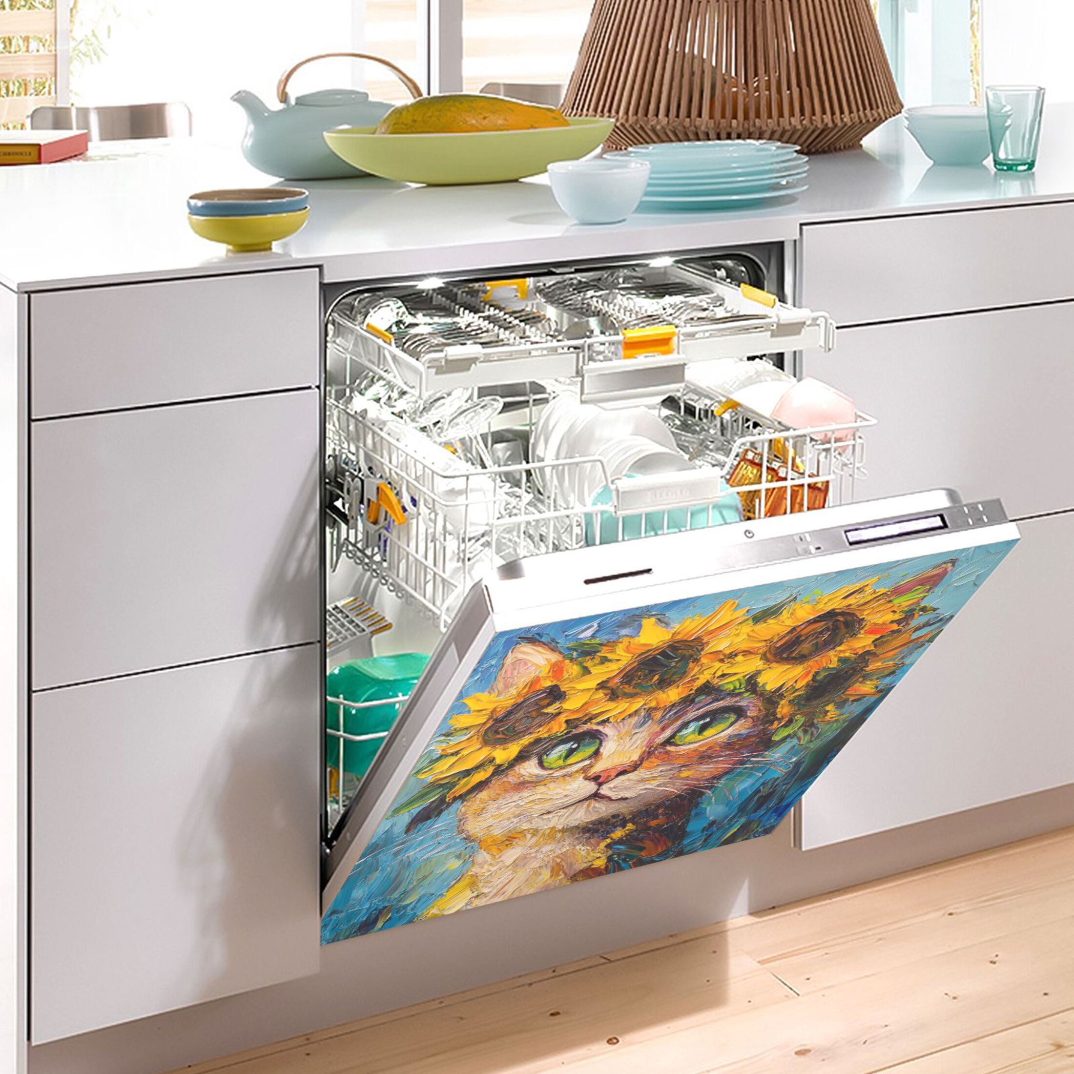 Dishwasher Magnetic Sticker 23x26 Inch Refrigerator Magnetic Sticker Washing Machine Magnetic Sticker Kitchen Panel Magnetic Sticker Home Decor Beautiful Sunflower Cat