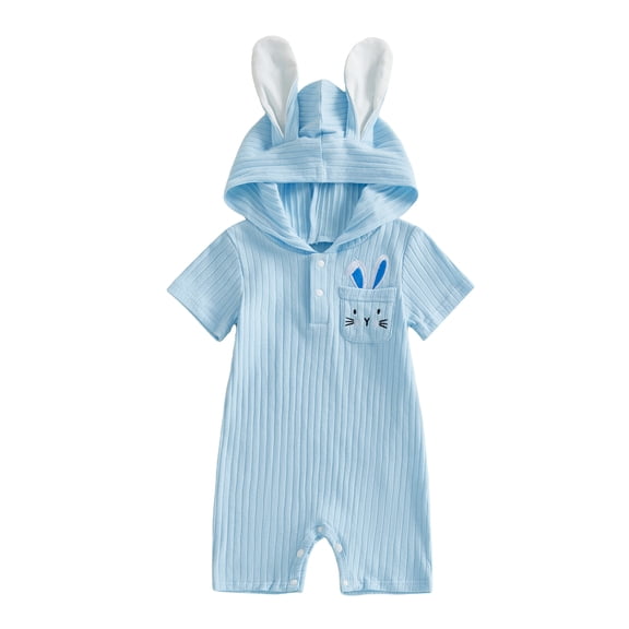 Cenuakty Baby Easter Romper Bunny Ear Design Embroidered Button Short Sleeve Hooded Jumpsuit