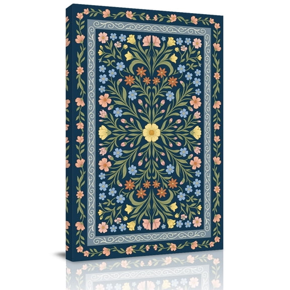 Canvas Wall Art, Navy Blue Boho Framed Canvas Prints for Bedroom Dining Room, Vintage Ethnic Botanical Flowers Leaves Large Gallery Wrapped Wall Decor for Home Office, Gifts, 20"x24" Ship Next Day