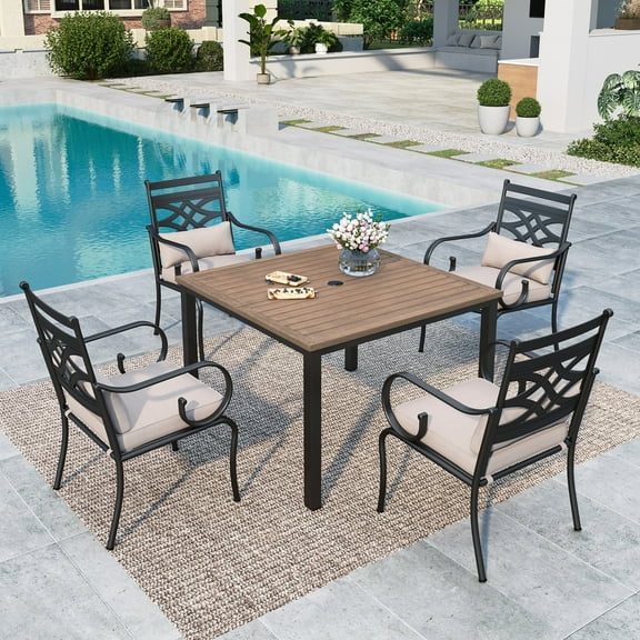 Summit Living 5-Piece Outdoor Patio Dining Set with 4 Cushioned Chairs & Metal Steel Table with 1.9" Umbrella Hole, Black & Beige