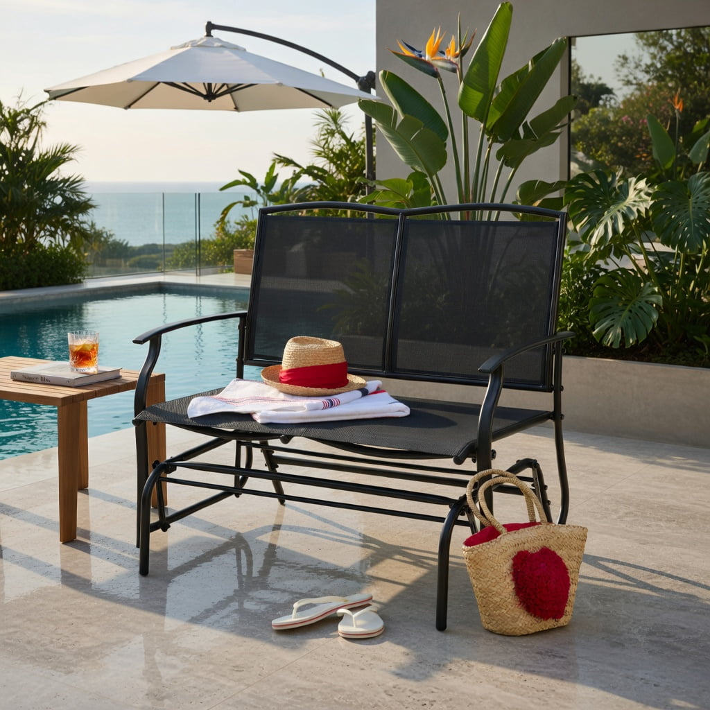 Hommoo Heavy-Duty Steel Outdoor Rocking Loveseat Chair, Textilene Patio Rocker for Backyard, Lawn, Deck or Indoor Use, Black