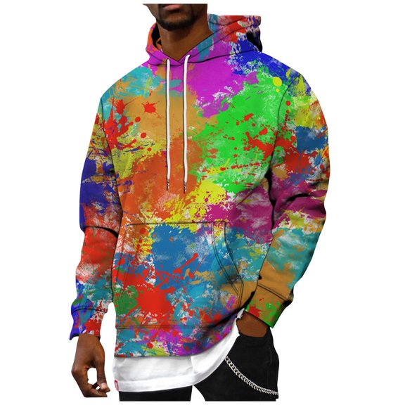 Tie Dye Black Hoodie Men Oversized Graphic Cold Weather Men's Sweatshirts Long Sleeve Drawstring Hood Kangaroo Pocket Yellow 4XL