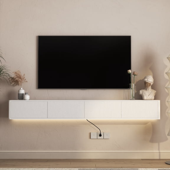 DRNANLIT White High Gloss Floating TV Stand, Wall Mounted TV Shelf with LED Lights & Built-in Power Outlet, Modern Media Console