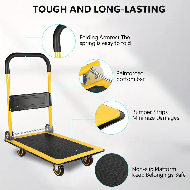 BEIMIMU Foldable Platform Truck, Push Dolly 330 LBS Weight Capacity, 360 Rolling, Folding Hand Truck for Luggage, Travel, Office, House (Yellow and Black) (28.7" x 19" x 32.5")