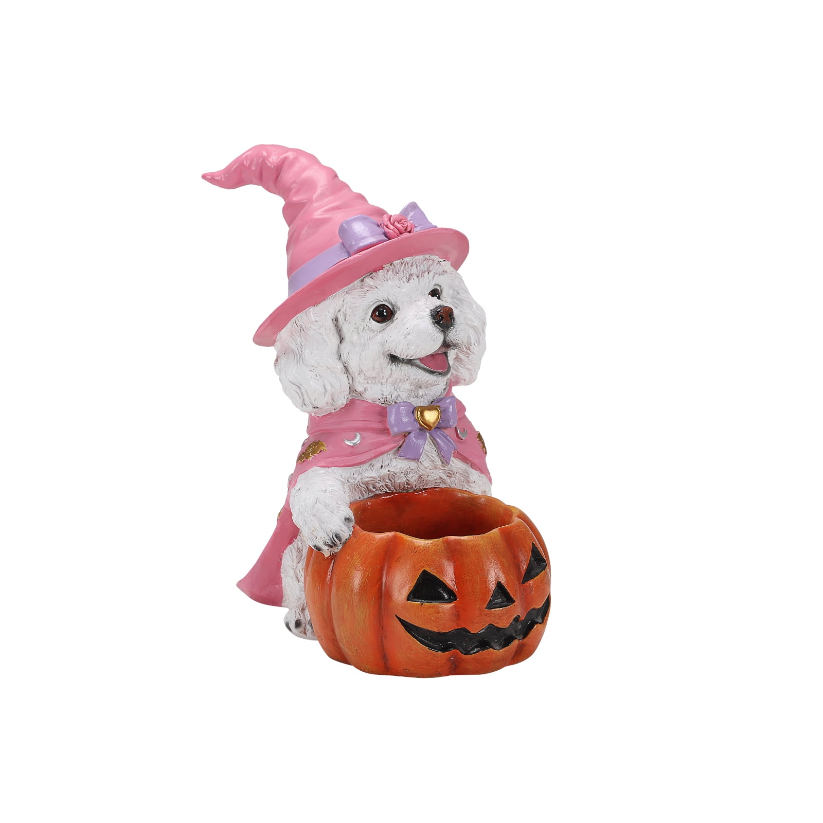 Puppy Halloween Candy Bowl with Pink Witch Hat Pumpkin Holder Resin Tabletop Decor