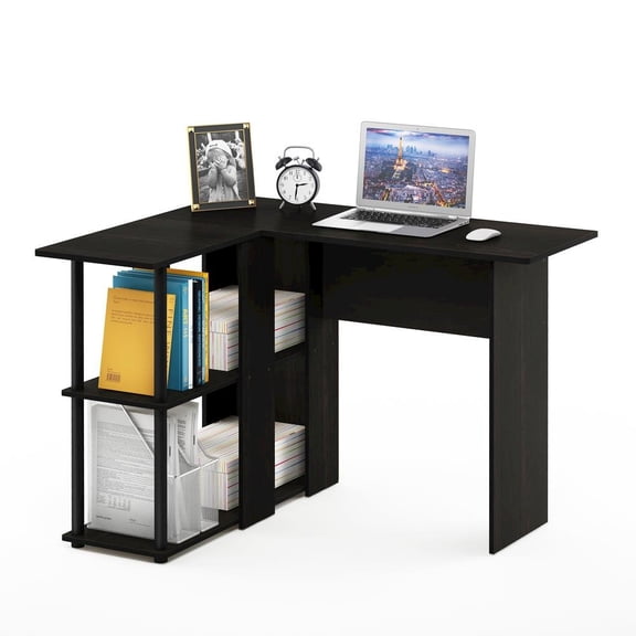Furnifact Black L Shaped Desk with Bookshelf and Storage Drawers for Office Use