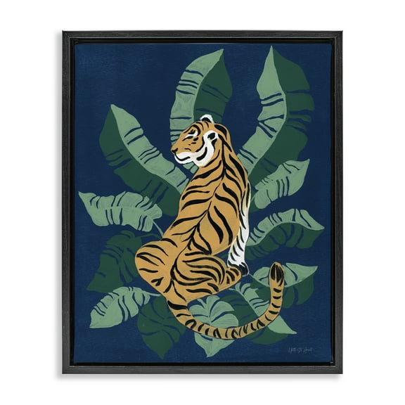 Stupell Industries Tiger Sitting over Palms Animals & Insects Painting Black Floater Framed Canvas Art Print Wall Art, 17 x 21