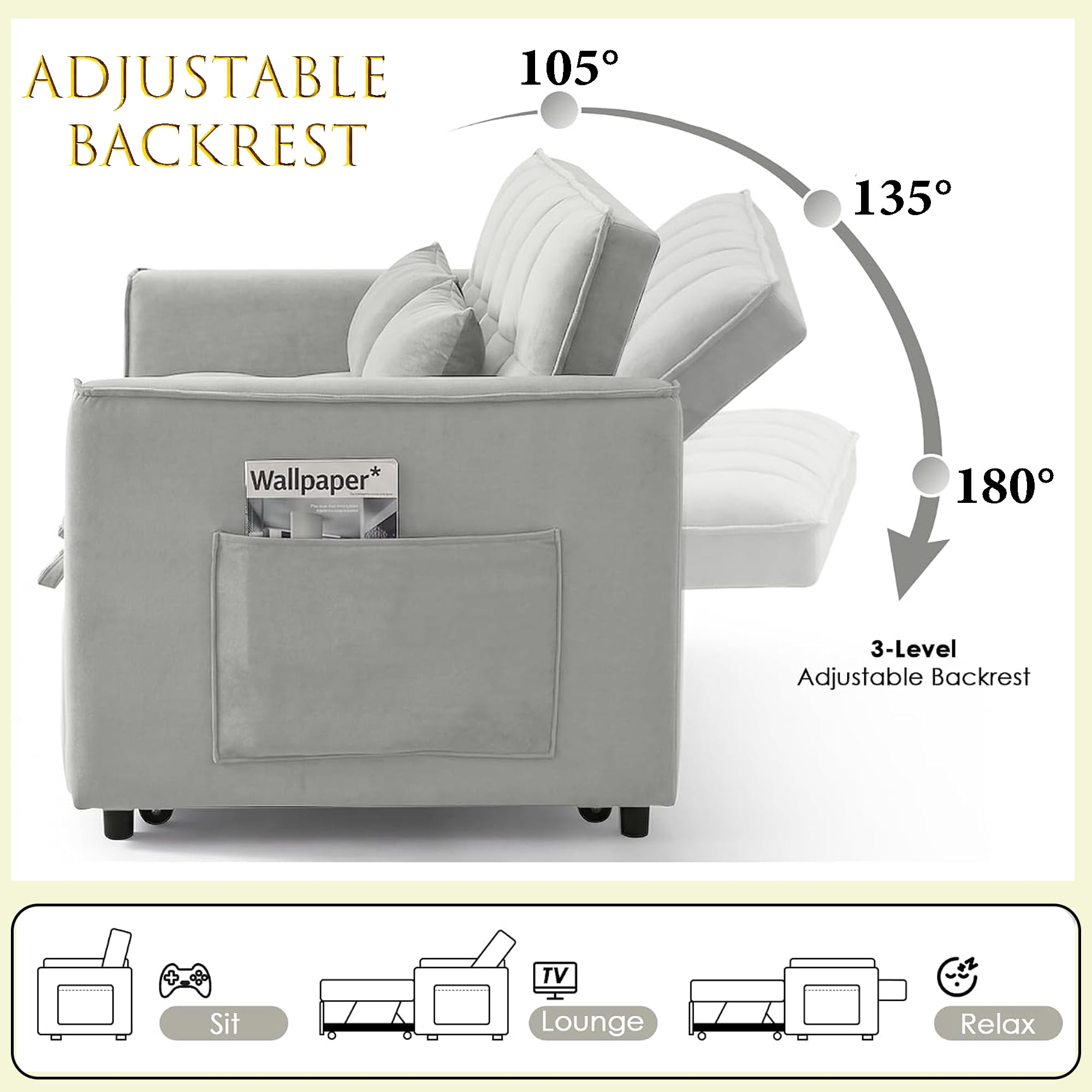 WAKEFIT 54" Pull-Out Sleeper Sofa Bed,3-in-1 Convertible Loveseat Couch with Adjustable Backrest for Small Living Room,Velvet,Light Gray