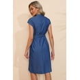 thumbnail image 2 of Women's Button Down Belted Denim Dress with Pockets Knee Length Band Collar Cap Sleeves sixty five percent cotton, 2 of 5