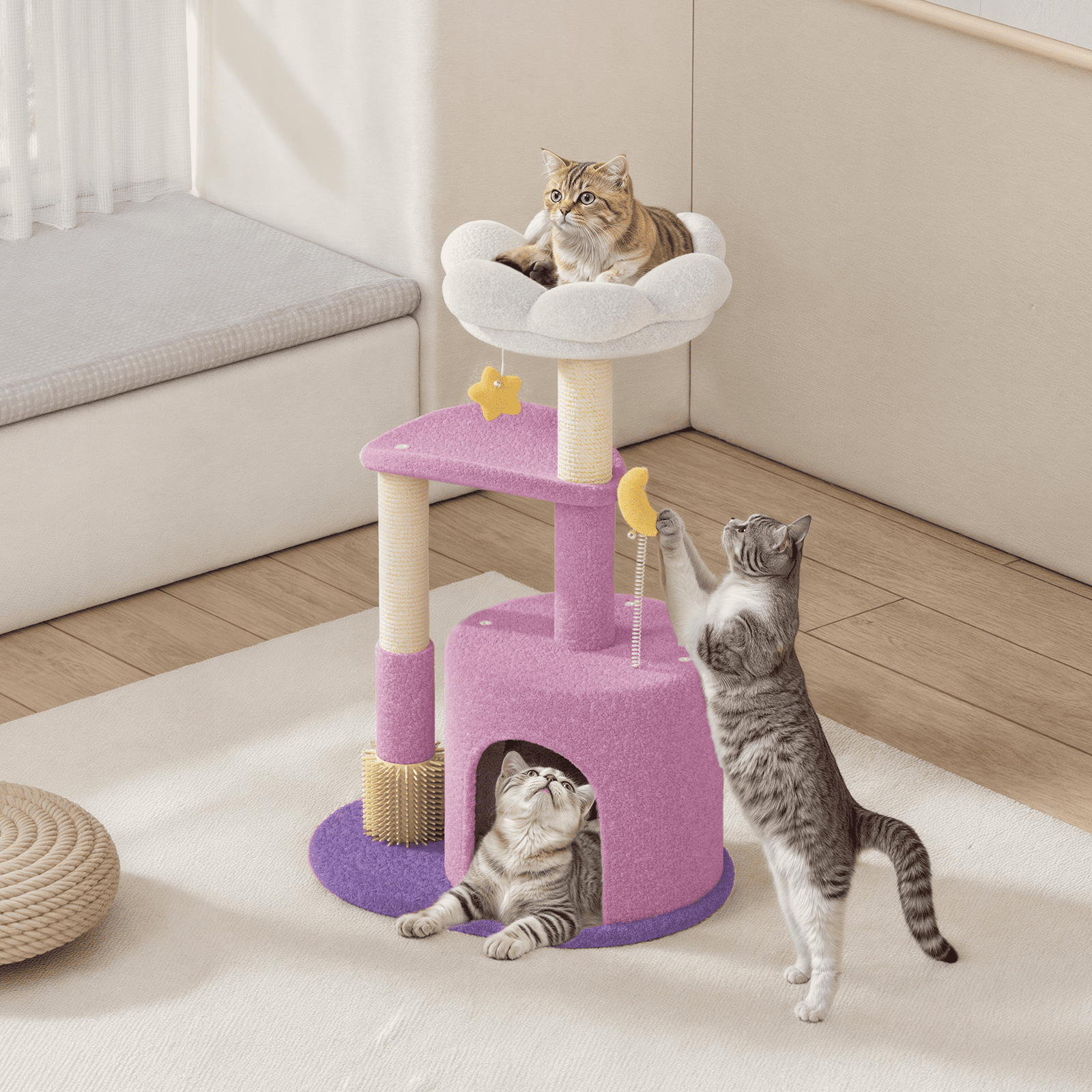 MoNiBloom 33" Flower Cat Tree for Indoor Cats, Compact Cat Tower with Condo, Scratching Posts, Flower Perch & Dangling Toys for Kittens & Small Cats, Cute Cat Furniture Stand, Purple
