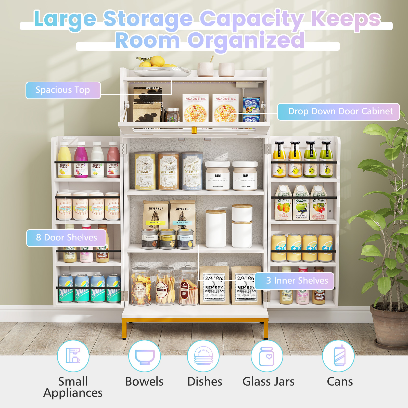 Patiojoy Pantry Cabinet w/Charging Station Kitchen Food Cabinet w/LED Light