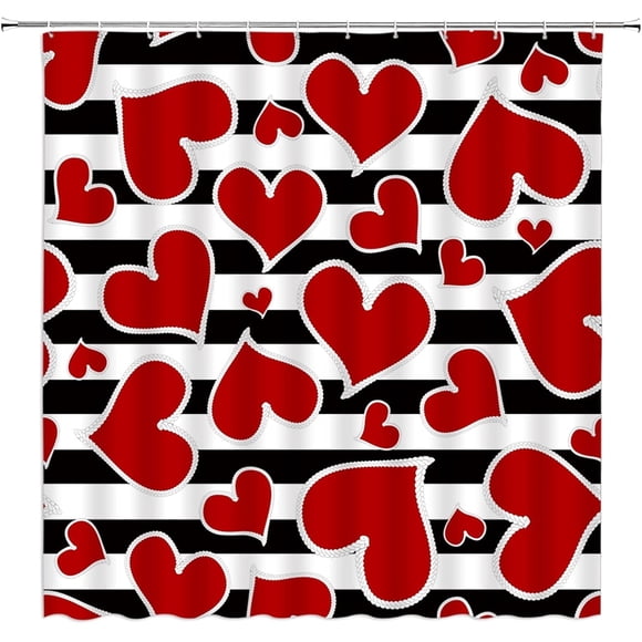 Rideau de Douche de la Saint-Valentin Rouge Cœur d'Amour Noir Blanc Rayures Géométriques Couple Doux Romantique Fond Noir Tissu Décoratif Rideaux de Salle de Bain avec Crochets,Noir,Rouge Blanc