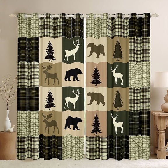 Feelyou Vintage Lodge Cabin Black Out Curtains, Jungle Bear Deer Animal Curtains Pack of 2 (42x63 Each), Western Countryside Bedroom Curtains, Green Living Room Curtains Decor