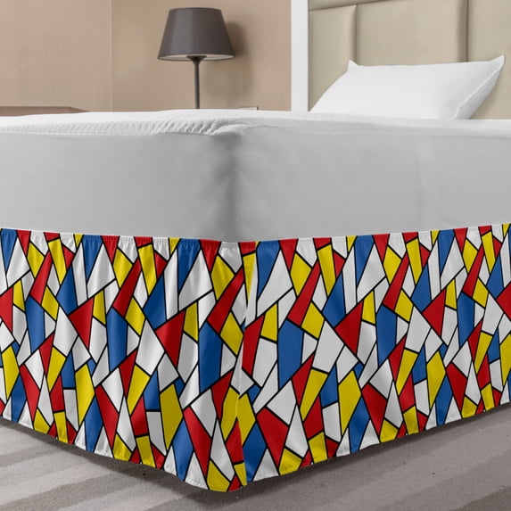Mosaic Bed Skirt, Geometric Shapes Composition with Colorful Stained Glass Design Grid Illustration, Elastic Bedskirt Dust Ruffle Wrap Around for Bedding Decor, 4 Sizes, Multicolor, by Ambesonne