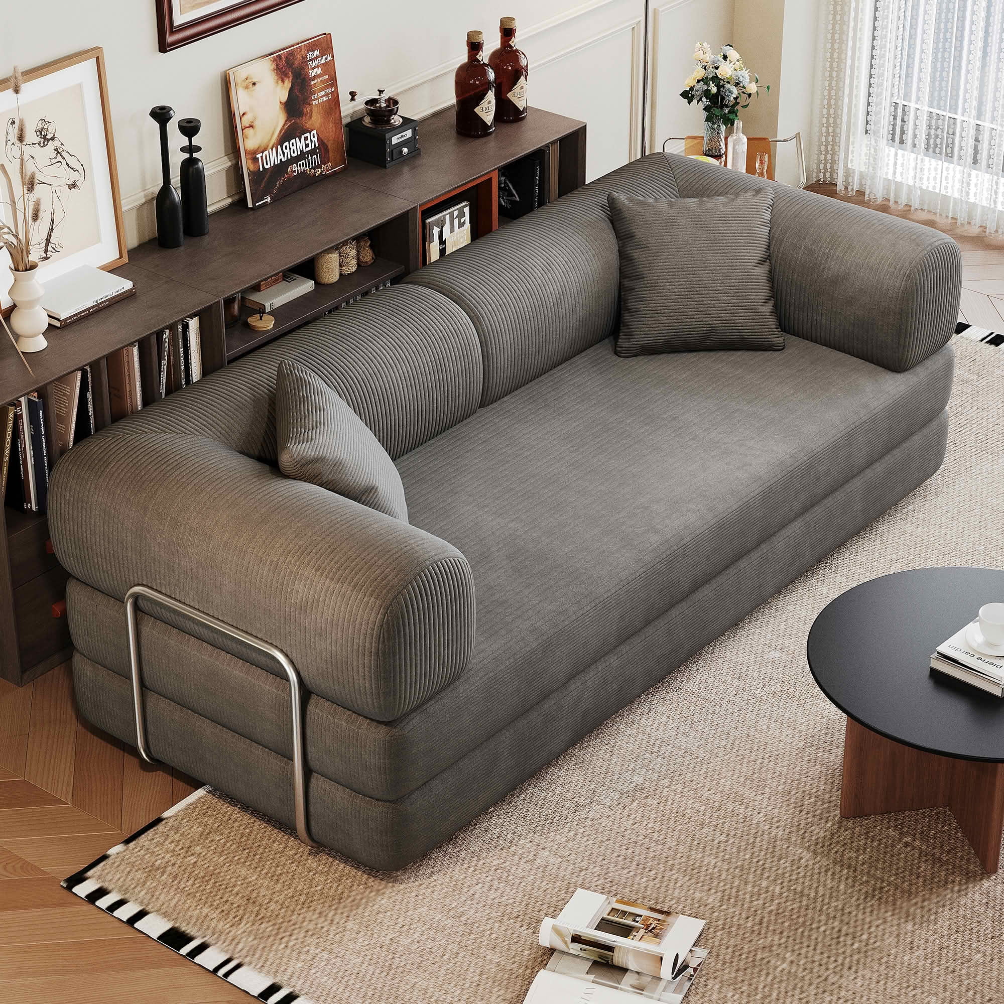 MAYEERTY 78.8" Corduroy Compression Sofa Bed, Convertible Futon Couch with Pillow Back Support,Gray